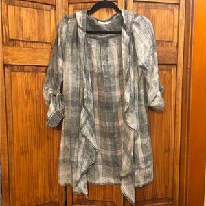 Paper Crane Plaid Duster Cardigan in Gray and Dusty Pink